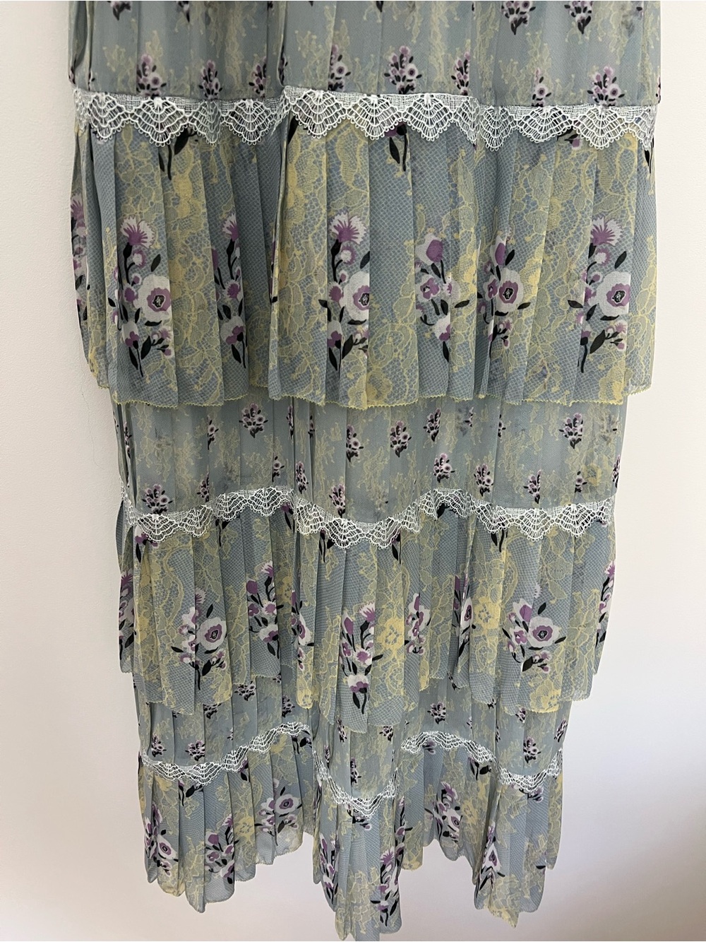 Self Portrait Tiered Midi Dress Floral Lace Printed Chiffon Mint Pastel 8 $495 - Picture 7 of 13
